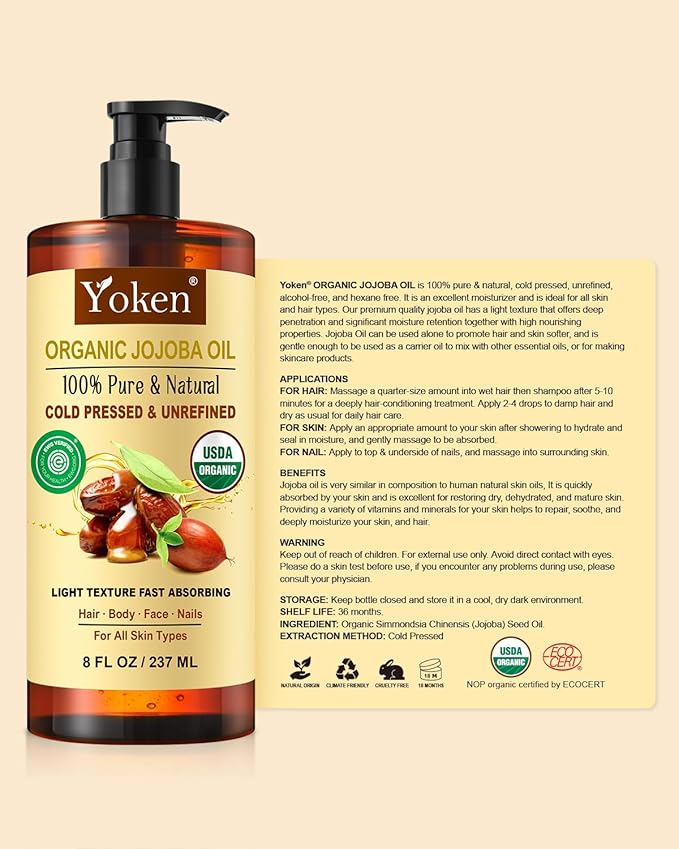 USDA Organic Jojoba Oil Cold Pressed 8 fl oz, 100% Pure & Natural Unrefined Jojoba Oil for Face Hair & Skin Massage, Hexane Free, Deeply Moisturizing Body Carrier oils Multi-Purpose Serum - Bloomnest