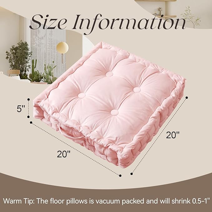 Square Floor Pillows, Large Floor Cushion for Adults Kids, Meditation Floor Pillow Seating Cushion with Shredded Memory Foam and Silk Wadding, 20"x20"x5" Blush - Bloomnest