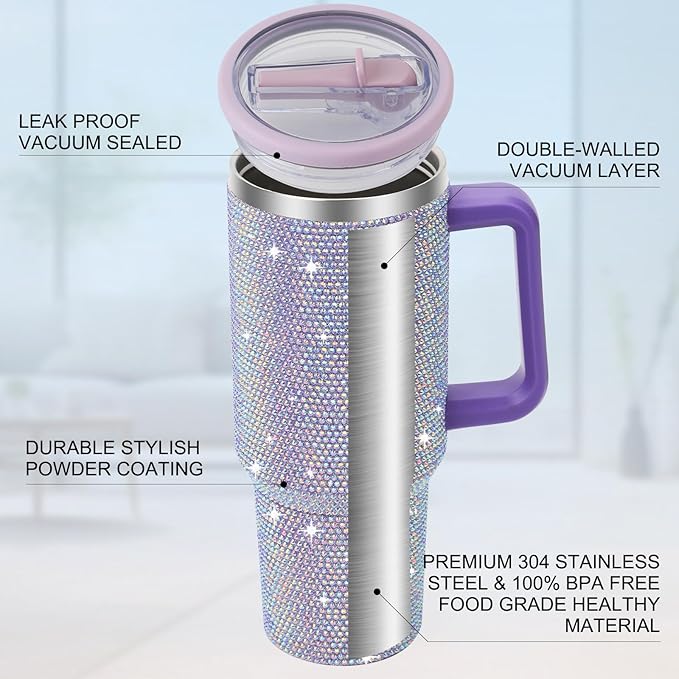 40 oz Tumbler with Handle and Flip Straw Lid, Insulated Leak Proof Double Walled Stainless Steel Rhinestone Diamond Studded Bling Travel Mug Tumblers, Maintains Cold Ice and Heat for Hours - Bloomnest