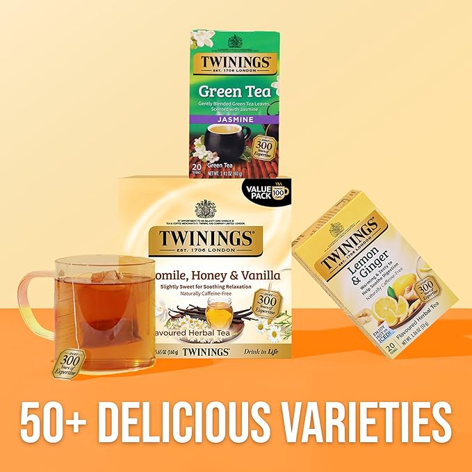 Twinings Camomile, Honey & Vanilla Herbal Tea Individually Wrapped Bags, 100 Count (Pack of 1), Naturally Caffeine-Free, Enjoy Hot or Iced, 100 Teabags - Bloomnest