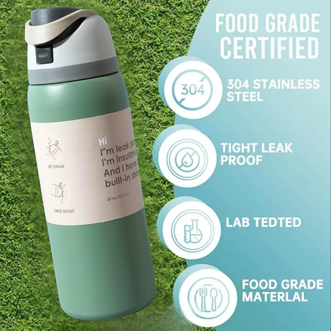DUTHINGS Insulated Stainless Steel Water Bottle with Straw, 32 oz, Reusable Sports and Travel Bottle for School, Kids, and Outdoors - Leakproof and BPA-Free (GREEN) Bloomnest