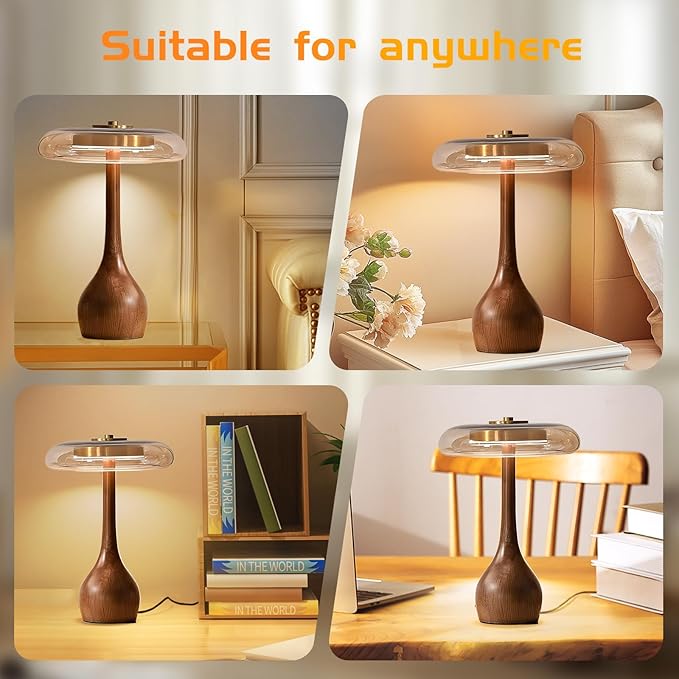 Small Table Lamp for Bedroom-Wooden Base Teardrop Mushroom Table Lamps,Amber Glass Shade,LED Three Color Temperature Adjustable Brightness Modern LED Side Table and Desk Lighting(H 12.4 in) - Bloomnest