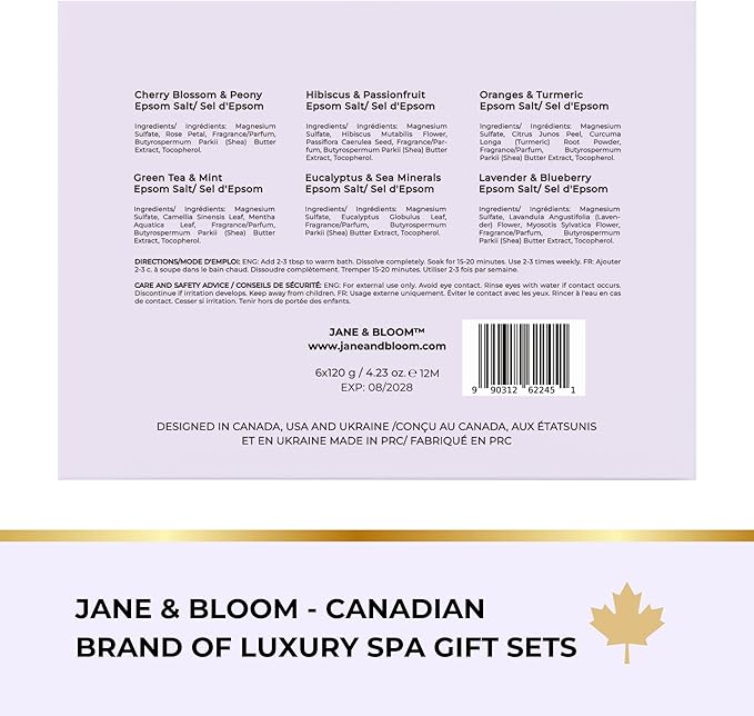 Epsom Salt Bath Gift Set – 6 Aromatherapy Blends with Essential Oils – Bath & Body Gift Set for Women, Stress Relief, Self Care, Birthday Gifts – Jane & Bloom