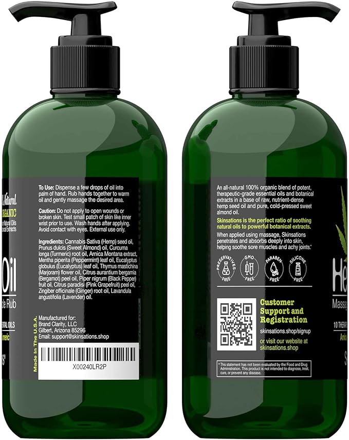 Skinsations – Hemp Massage Oil & Sore Muscle Rub | 100% Organic, 10 Essential Oils for Natural Relief, Arnica, Turmeric, Peppermint, Lavender in a Sweet Almond Oil and Hemp Seed Oil Base - Bloomnest
