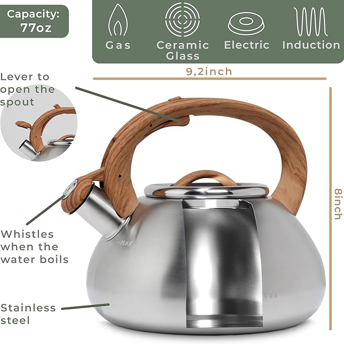 WALDWERK Tea Kettle Stovetop (2.4 Quart) - Teapot for Stovetop - also for Induction and Gas Stoves - Stainless Steel Tea Kettle - Whistling Tea Kettle for Stove Top - Bloomnest