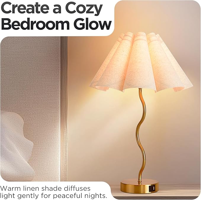 KUNJOULAM Modern Table Lamp, 3 Way Dimmable Touch Lamp USB C Charging Ports, Umbrella Form Fabric Lampshade Desk Lamp for Living Room Bedroom Home Office - Bloomnest