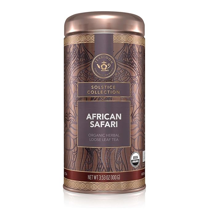 Teabloom Organic Herbal Tea, African Safari Loose Leaf Tea, Sweet Rooibos Blend with Berry Flavors and Vanilla, USDA Certified Organic, Fresh Whole Leaf Blend in Reusable Gift Canister, 3.53 oz/100 g Canister Makes 35-50 Cups - Bloomnest
