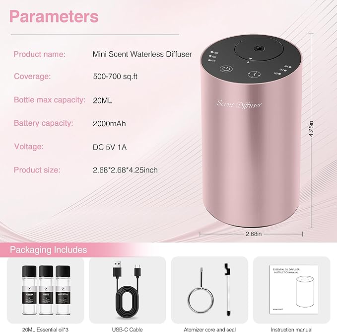 Waterless Essential Oil Diffuser Starter Kit - No Water Needed, Battery Operated Mini Scent Air Machine, Included 3x20ML Essential Oils, Portable Aromatherapy Diffuser for Home & Car & Office, Pink - Bloomnest