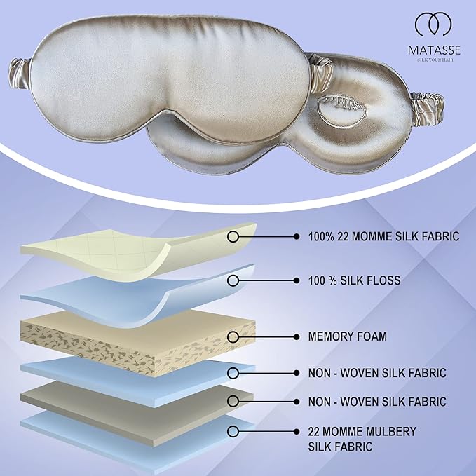 MATASSE Silk Eye Mask for Sleeping with Adjustable Elastic Band - 3D Contoured, Eye Cover Sleep Mask w/Genuine Mulberry Silk Including The Strap for Women, Men (Champagne) - Bloomnest