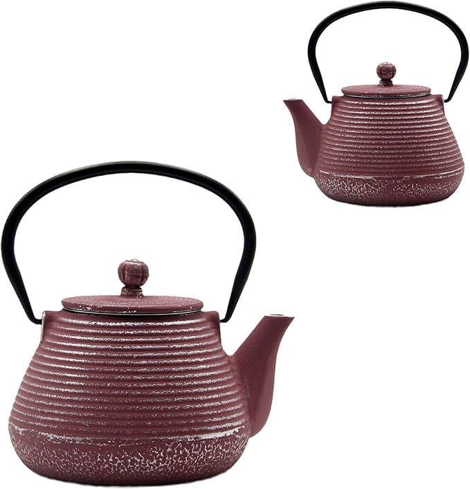 Cast Iron Teapot, 20.3oz Small Pink Pinstripe Pattern, Stainless Steel Infuser for Loose Tea, Enameled Interior, Stovetop Safe - Bloomnest