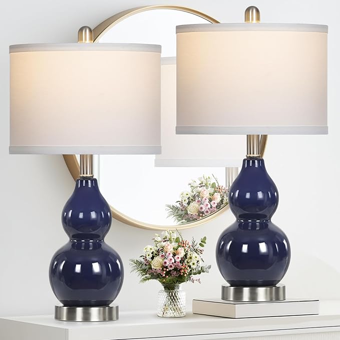 Double Gourd Ceramic Table Lamps Set of 2, Modern Navy Blue Bedside Lamps for Night Stand, Contemporary Nightstand Lamps for Bedroom Living Room (Bulb Included) - Bloomnest