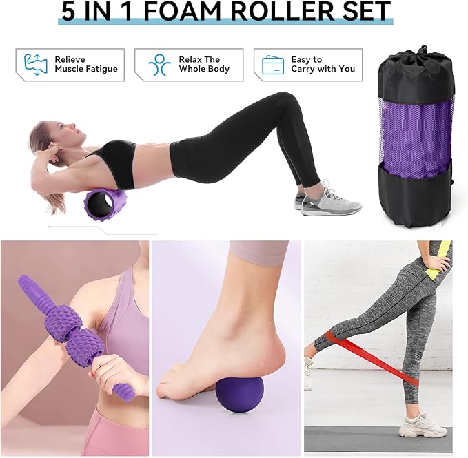 5 in 1 Foam Roller Set, High Density Fitness Exercise Foam Roller for Deep Tissue Muscle Massage, Massage Roller, Massage Ball, Resistance Band, for Whole Body(Purple) - Bloomnest