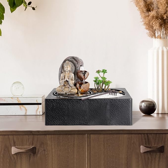Dyna-Living Water Fountain - Indoor Small Tabletop Waterfall with Zen Garden, LED Warm Light Buddha Fountain for Home Zen Room Decor