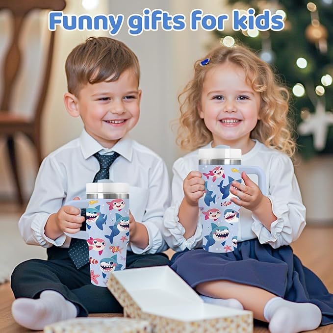 14oz Smiling Shark Tumbler with Handle and Straw, Stainless Steel Vacuum Insulated Tumblers, Birthday Gifts Shark Lover, Daughter, Son, Sister - Bloomnest