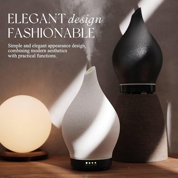 Porseme 150ml Essential Oil Diffuser Ceramic Color Changing Aroma Air Diffusers Aromatherapy Ultrasonic Cool Mist Humidifier 6 Running Hours for Sleeping Yoga Office Spa(White Ceramic, Black Base) Porseme