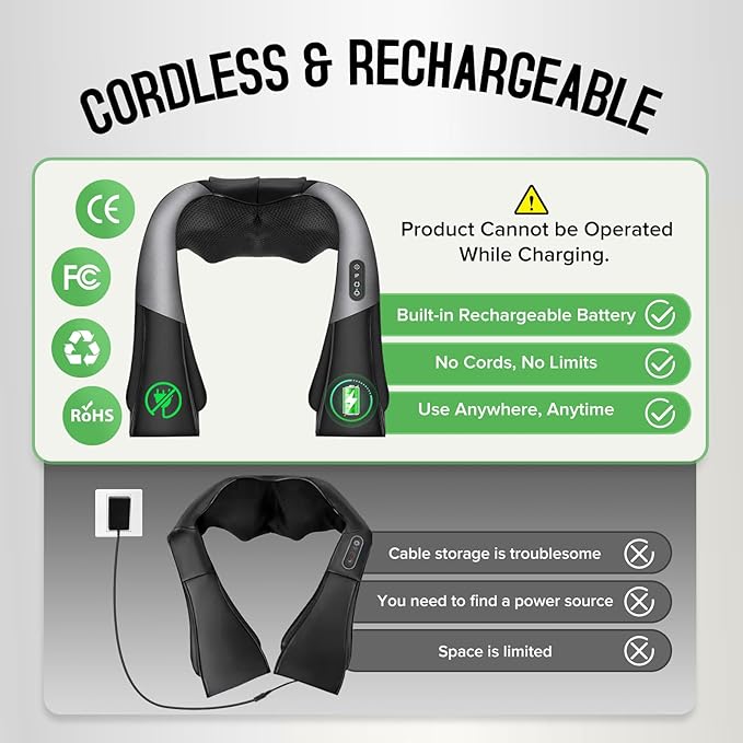 Cordless Shiatsu Neck and Shoulder Massager, Back Massager with Heat,Massage Deeper Tissue 4D Kneading Massage for Shoulder, Neck and Back, Use at Home, Office, Car - Gifts for Fathers Day Dad Gift - Bloomnest