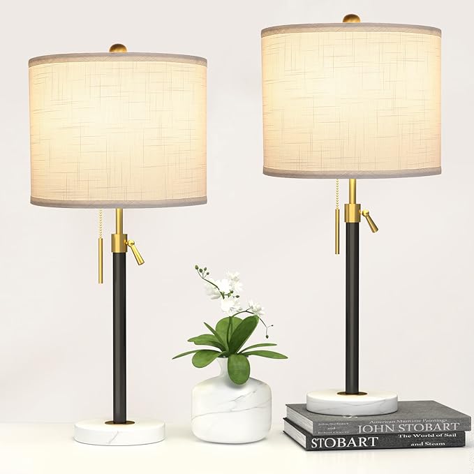 Black and Gold Table Lamps Set of 2: 22" to 30" Height Adjustable Nightstand Lamps with White Linen Shade | Pull Chain Switch | Marble Base - 3 Way Dimmable Beside Lamp for Bedrooms Living Room - Bloomnest