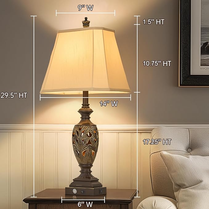 29.5" H Touch Traditional Table Lamp Set of 2,Vintage Bedside Nightstand Lamps with Dual USB and Night Light, 3-Color Hollow Out Leafwork Bronze Gold Finish Desk Lamps for Living Room,Bedroom - Bloomnest