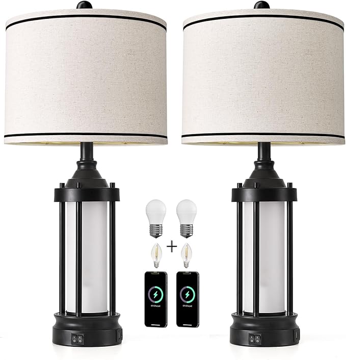 25'' Table Lamps for Bedroom Living Room Lamps Set of 2 Farmhouse Nightstand Bedside Lamps with USB Ports, Built-In Frosted Glass Night Light Industrial Metal Night Stand Lamp, Bulbs Included, Black - Bloomnest