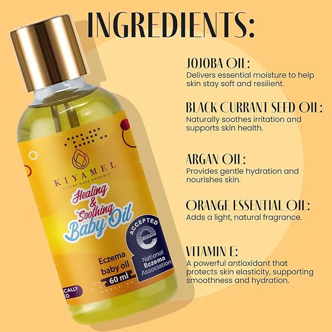 KIYAMEL Healing and Soothing Baby Oil, Fast Absorbing Moisturizer for Sensitive Skin, with Jojoba, Argan & Black Currant Oil, Natural Orange Scent and Vitamin E Enriched - Bloomnest