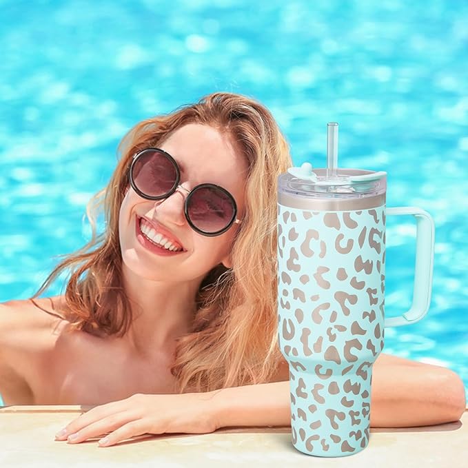 COKTIK 40 oz Tumbler With Handle and Straw Lid, Vacuum Insulated Travel Coffee Mug Stainless Steel Insulated Cup for Beverages, Leak-proof, Cupholder Friendly (Seafoam Leopard) - Bloomnest
