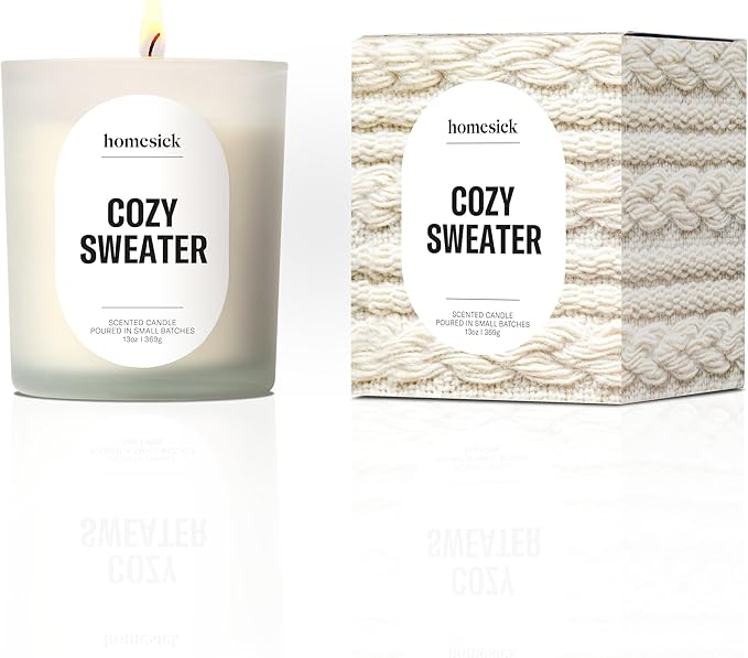 Homesick Cozy Sweater Candle – 13.75 oz Jar with Soy Wax Blend, Organic Cotton Wick, 60-80 Hour Burn – Warm Fall Fragrance, Reusable Glass Jar, Engagement Gifts for Couples, Wedding Gift - Bloomnest
