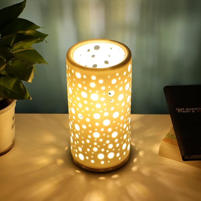 Small Modern Ceramics Bedside Table Lamp, 4 x 4 x 8 Inch White Round Hole Style Nightstand Lamps, Side Table Lamps for Bedroom Living Room Entryway Table Light