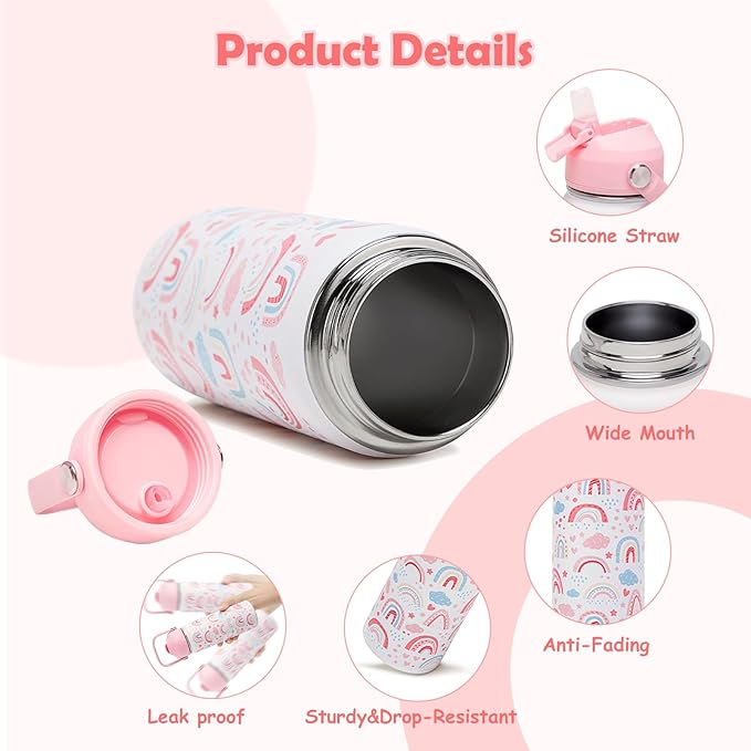 18oz Kids Insulated Water Bottle with Straw Lid - 18/8 Stainless Steel Kid Cup Travel Tumbler Double Wall Vacuum Leak Proof Portable Toddler Water Bottle (Rainbow + Mermaid) - Bloomnest