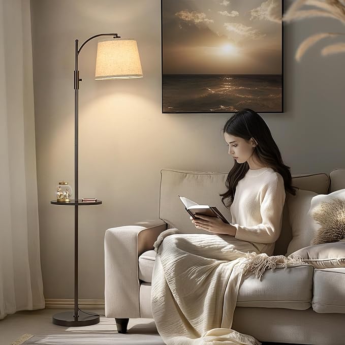 AIDENOEY Fully Dimmable Floor Lamp for Living Room,Standing Lamp Rotary Switch with Table&Linen Beige Shade,Brown Tall Lamps for Bedroom with Adjust Head,9W LED Bulb Included - Bloomnest