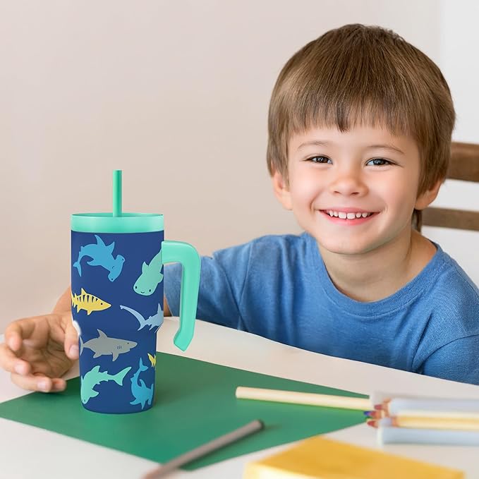 Shark Tumbler 20oz with Handle and Silicone Straw Lid for Kid, Insulated Stainless Steel Cup, Gift for Kids Boys, Gifts Idea for Birthday Christmas Back to School - Bloomnest