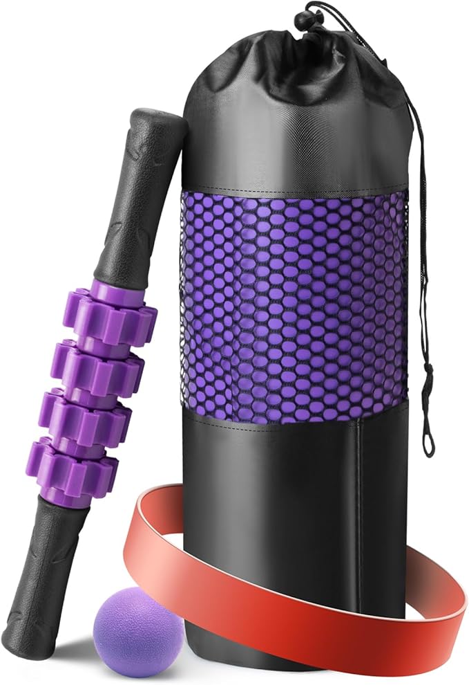 5 in 1 Foam Roller Set - Trigger Point Foam Back Roller, Muscle Roller Stick, Massage Ball, Stretching Band for Deep Muscle Massage Pilates Yoga,Fitness Exercise for Whole Body Release (Purple) - Bloomnest