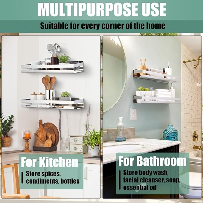 Lallisa 2 Pieces Stainless Steel Shelf Bathroom Shower Floating Shelves Wall Mounted Shower Caddy Basket Shelf Storage Organizer Shelves for Bathroom, Kitchen, Living Room (15.75 Inch/ 40 cm,Shiny) - Bloomnest