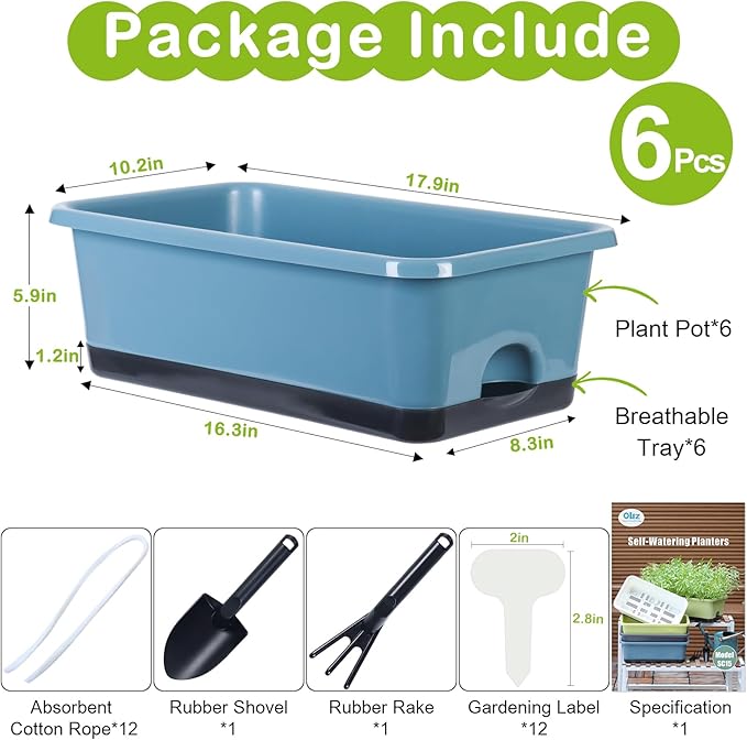 Window Box Planter 6 Pcs, 17 Inches Rectangle Flower Pots with Drainage Holes and Trays, Vegetable Planters for Windowsill Patio Garden Balcony Home Indoor Outdoor (Blue, 18 * 10 * 6 inch) - Bloomnest