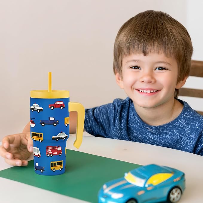 Transportation Tumbler 20oz with Handle and Silicone Straw Lid for Kid, Insulated Stainless Steel Cup, Gift for Kids Boys, Gifts Idea for Birthday Christmas Back to School - Bloomnest