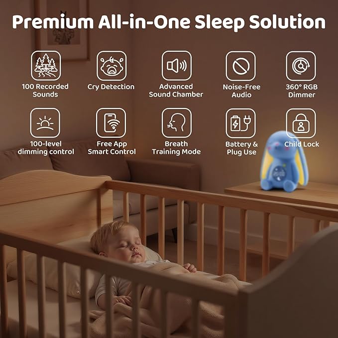 2025 Mom's Choice Awards | White Noise Sound Machine Baby - AI Cry Detection, Night Light, 100 Soothing Sounds, App Control, 150% Battery Life, 50% Faster Sleep, Newborn Essentials - Bloomnest