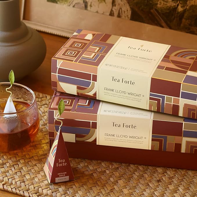 Tea Forte Frank Lloyd Wright Presentation Box Tea Gift Set Sampler, 20 Count 2 of Each Variety Individually Wrapped Handcrafted Pyramid Infuser Bags - Bloomnest