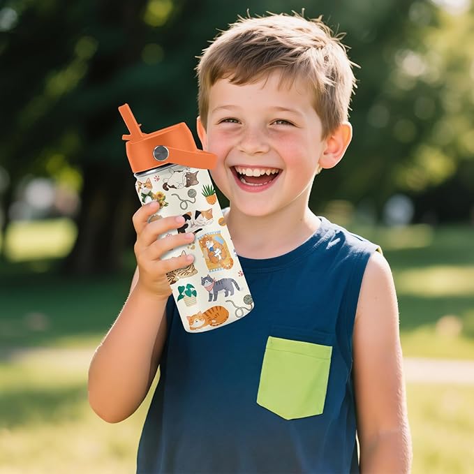 Cat Gifts for Kids - 16 Oz Orange Cat Water Bottle with Straw Lid, Stainless Steel Insulated Tumbler, Leak Proof, for Boys & Girls, School, Travel - Funny Cats Lovers Children Birthday Gifts Cups(1pc) - Bloomnest