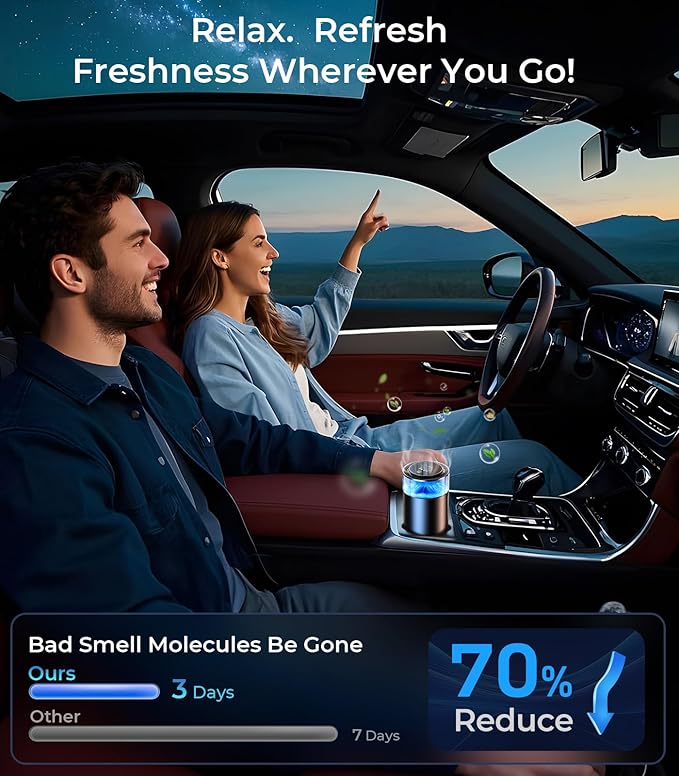 Smart Car Air Fresheners, Ambient Light & Mist, Auto On/Off, Adjustable Intensity Car Air Freshener Diffuser, Fragrance Lasts 6 Months, Built-in Battery, Scent Refill X2 - Osmanthus Orchid - Bloomnest