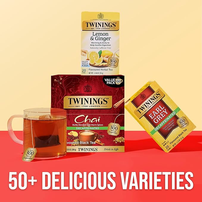 Twinings Decaffeinated Chai Individually Wrapped Bags, 100 Count (Pack of 1), Sweet, Savoury Spices, Enjoy Hot or Iced, 100 Teabags