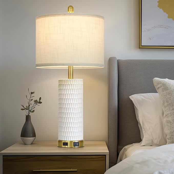 27" White Ceramic Lamps for Living Room, 3-Way Dimmable Touch Ceramic Table Lamp Set of 2 for Bedroom,Rustic Farmhouse Bedside Lamp with USB A+C & Outlets, Elegant Bedroom Lamp for Nightstand - Bloomnest
