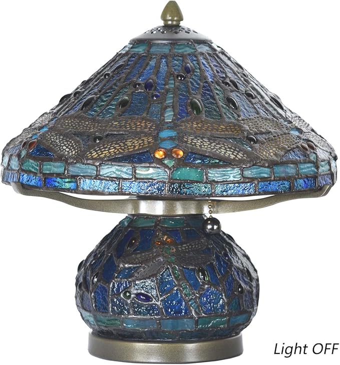 Bieye L10906 Tiffany Style Stained Glass Mushroom-Shaped Double Lit Table Lamp for Home Decor (10-inch, Blue Dragonfly)
