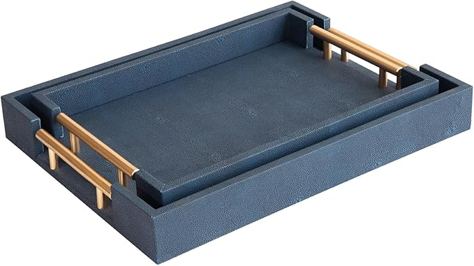 Modern Decorative Tray Set of 2, Blue Shagreen Leather Tray, Rectangle Serving Trays with Gold Polished Metal Handles, Ottoman Trays Coffee Table Perfume Kitchen Home Decor - Bloomnest