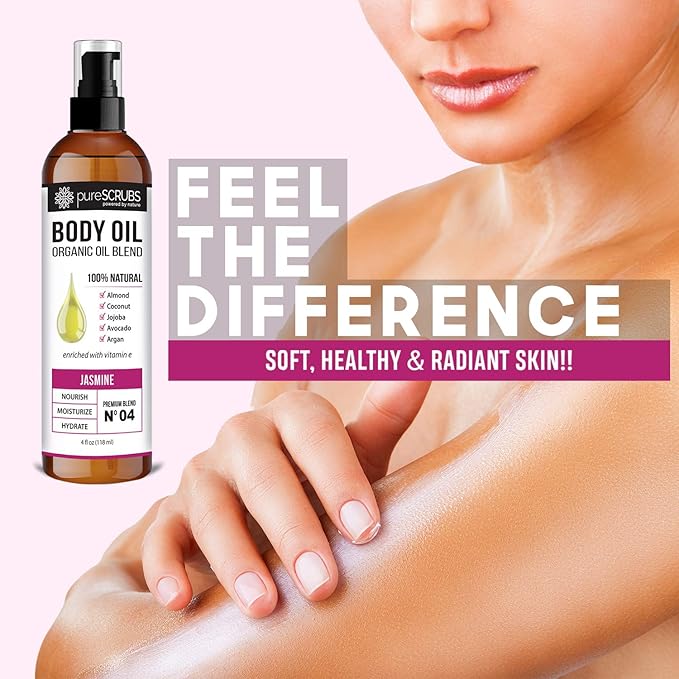 pureSCRUBS Ultra Moisturizing Jasmine Body Oil Spray for Dry Skin, Massage, Cuticles & More - Organic Super Blend of Jojoba, Argan, Coconut, Sweet Almond & Avocado Enriched with Vitamin E, Lg 4oz - Bloomnest