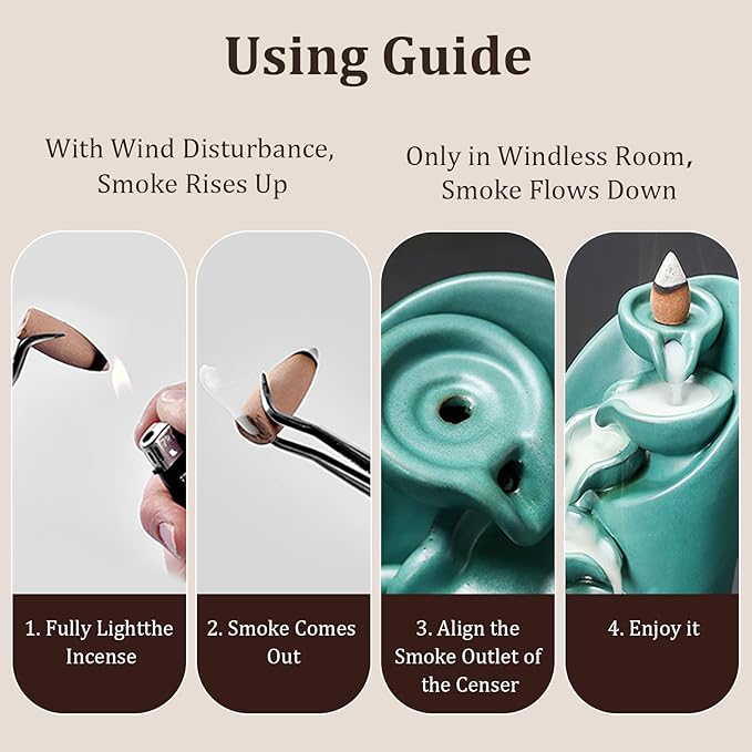 YYW Backflow Incense Burner Holder Handmade Statue Decor Fountain Waterfall Incense Holder with 20 Backflow Incense Cones 30 Incense Sticks 1 Tweezer 1 Mat for Indoor Meditation Yoga (Green) - Bloomnest