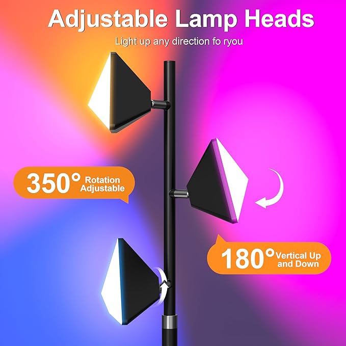 PARTPHONER RGB Tree Floor Lamp for Living Room, Stepless Dimmable Tall Standing Lamp with Remote, Touch Control and 3 Rotatable Light, Bright LED Lights for Bedroom with 4 Color-Changing, Black - Bloomnest