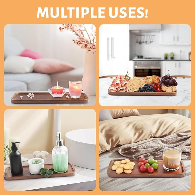 2 Pack Solid Wood Serving Platters and Trays of Natural Wood with Edge,Rectangular Avoid Sliding and Spilling Food (Walnut Trays x 2Pack) (Acacia Wood Platters 2 Pack) - Bloomnest