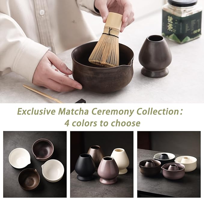 Matcha Set, Japanese Tea Set Includes Matcha Bowl with Spout, Matcha Whisk Holder (chasen), Bamboo Matcha Whisk and Bamboo Scoop, Ceramic Matcha Kit for Tea Lovers - Bloomnest