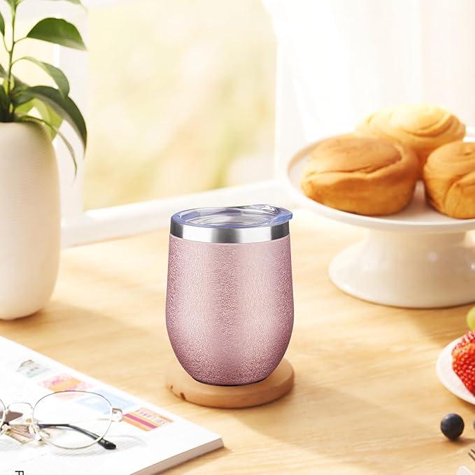 12 oz Insulated Wine Tumbler with Lid and Straw Double Wall Vacuum Insulated Wine Cup Stainless Steel Wine Tumbler Glasses for Coffee,Champaign,Office (Wrinkle Paint Rose Gold,1) - Bloomnest