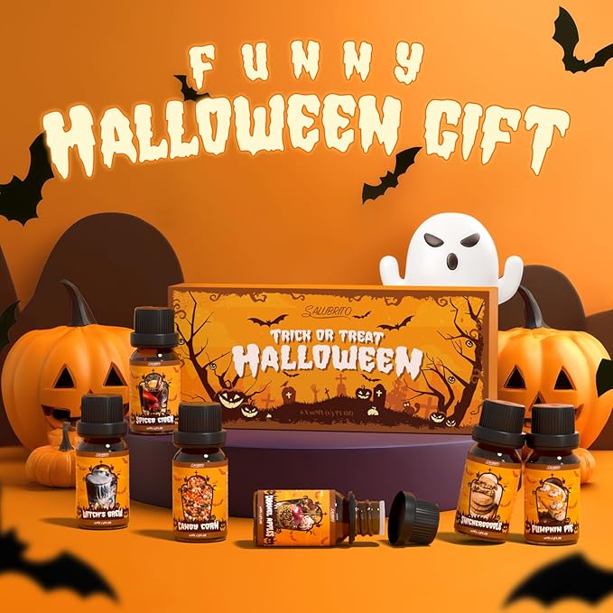 SALUBRITO Halloween Fragrance Oils Set, Funny Essential Oils Gift Set for Diffuser, Candle, Soap Making Scents, Pumpkin Pie, Spiced Cider, Caramel Apples, Candy Corn, Snickerdoodle, Witch's Brew - Bloomnest