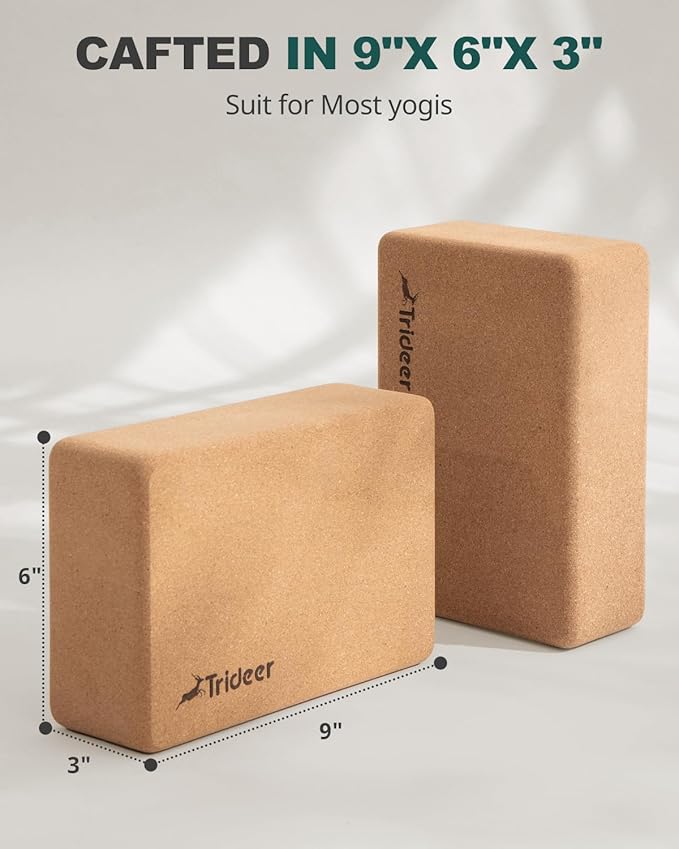Trideer Cork Yoga Blocks, 2 Pack Natural Cork Blocks, High Density with Non Slip Surface, Eco-Friendly Accessories and Ideal for Yoga, Pilates, Stretching - Bloomnest